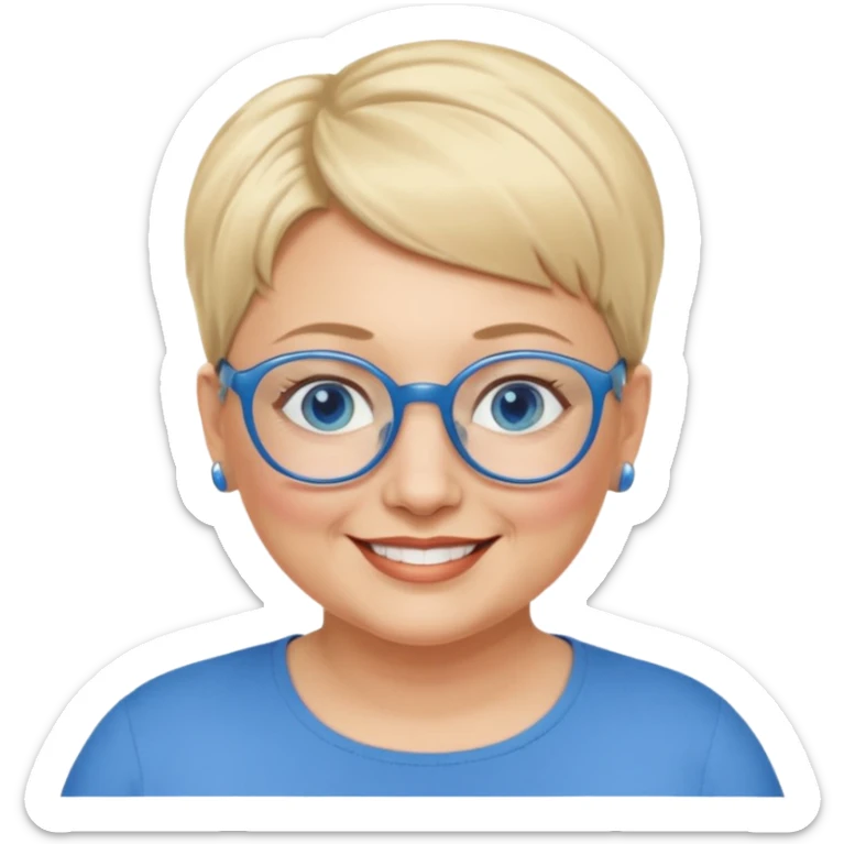 woman 50 years old, very short blonde hair, blue eyes and blue round glasses smile and overweight sticker