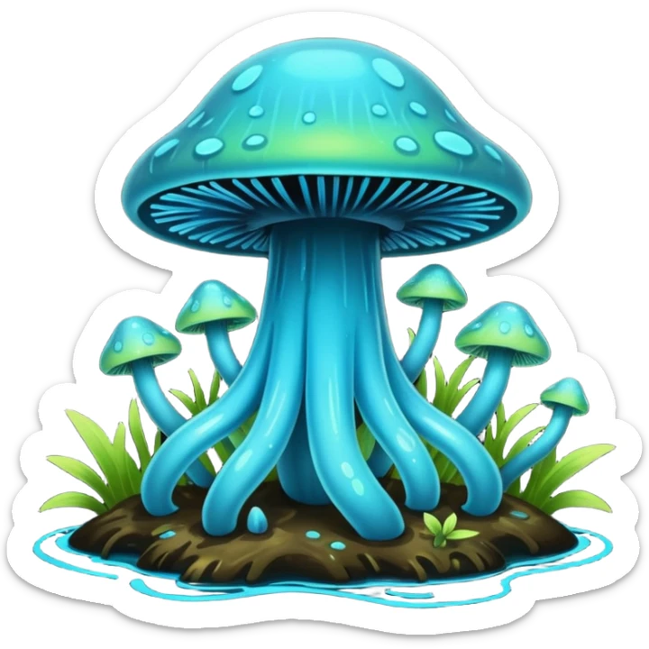 Black and cyan and blue and neon green bioluminescent shiny glowing ET gooey shroomy plenty icky sticky muddy swampy spore flower ecosystem environment  sticker