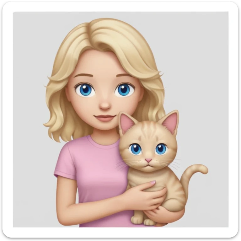 make a girl emoji that has blonde wavy hair and blue eyes with a light pink t shirt holding a grey cat sticker