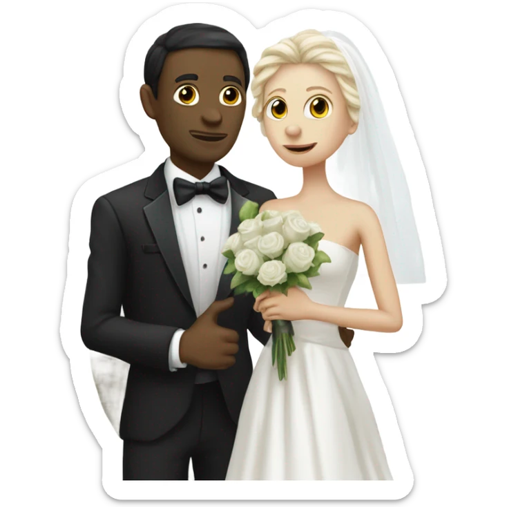 White humman man in a tuxedo holding, Alien reprilian woman in wedding dress, and one , hands getting married sticker