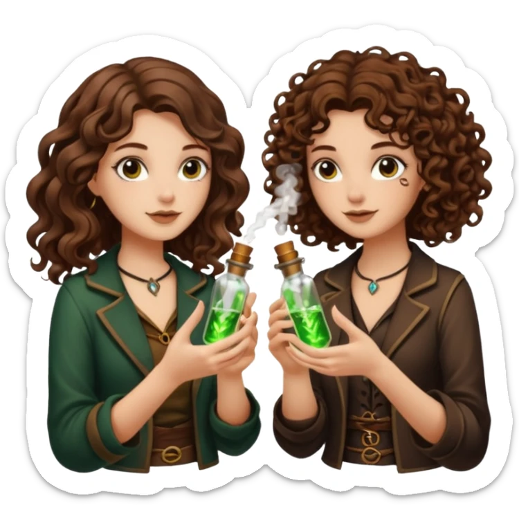 two forest alchemist women one long wavy brown hair tattoos one short tight curly brown hair clinking glowing vials sticker