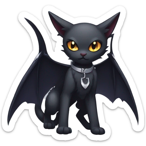  cool edgy beautiful anime-style ethereal dark-punk-themed animal vampiric cat-hybrid Fakemon with fangs and bat-wing-ears with a collar full body sticker