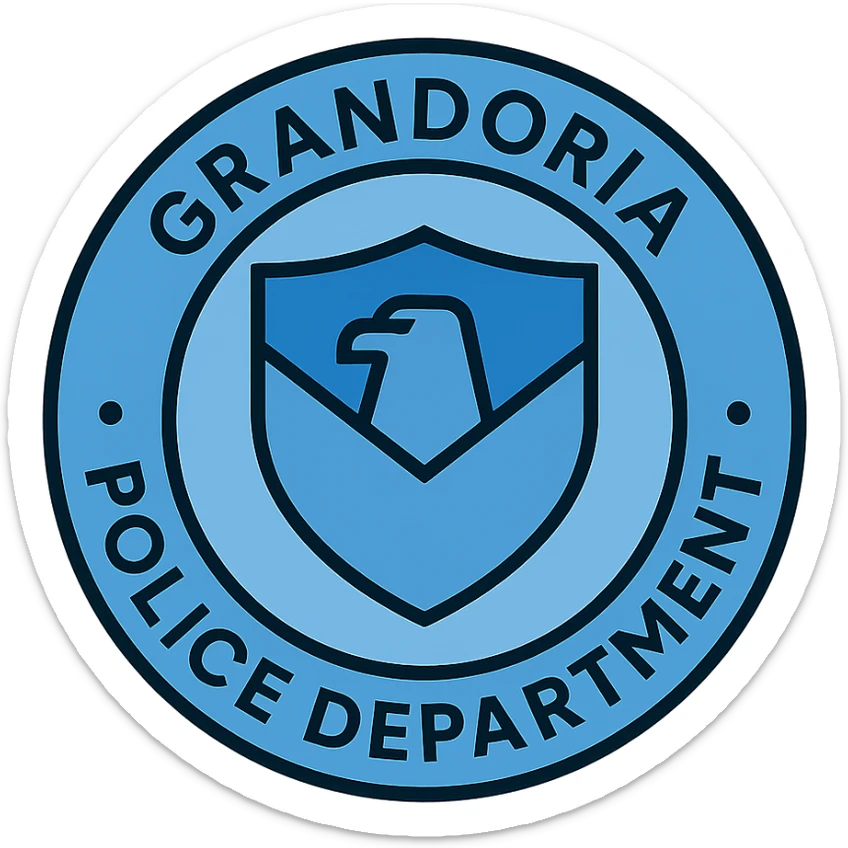 modern circular police logo with 'GRANDORİA POLİCE DEPARTMENT', minimalist design, blue tones, subtle shield or eagle motif, clean and professional, detailed lineal color icon style sticker