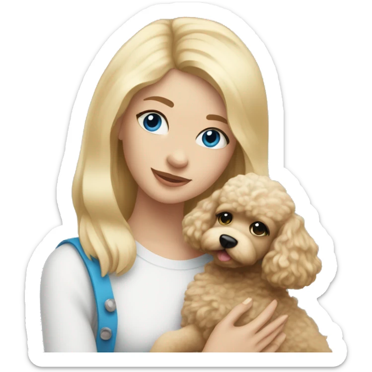 girl with straight blonde hair and blue eyes holding a fluffy poodle puppy sticker