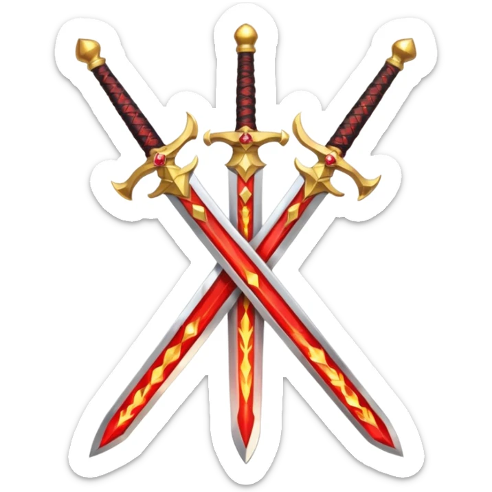 Two crossed swords that are golden in blade and handle and have fiery and royal appearence to them as well as red gem stones sticker