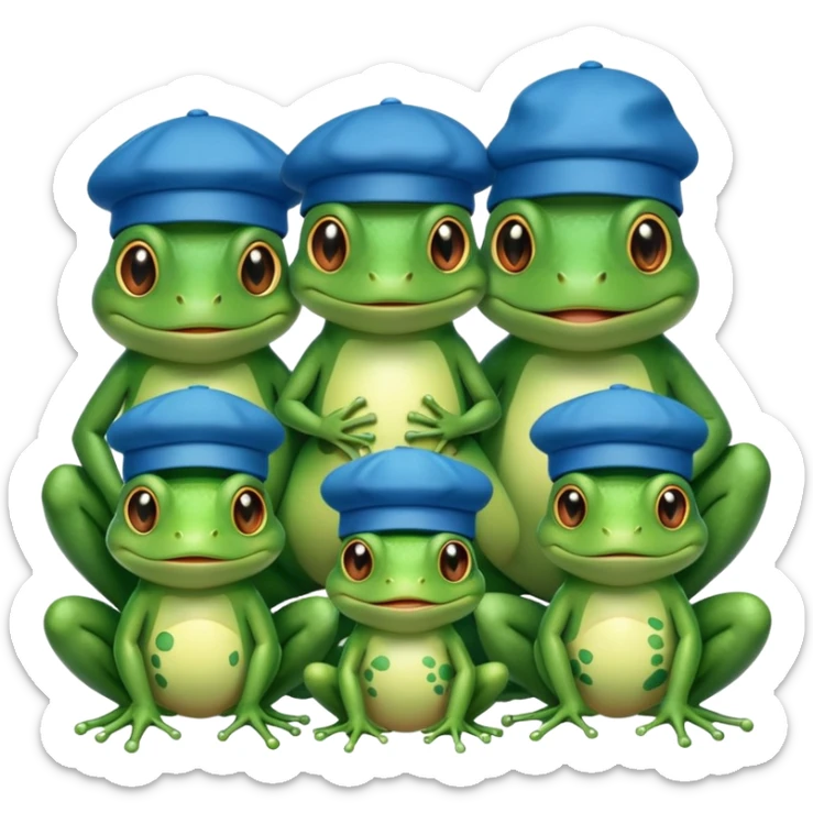 a family of frogs wearing blue hats, parent frogs and baby frogs sticker