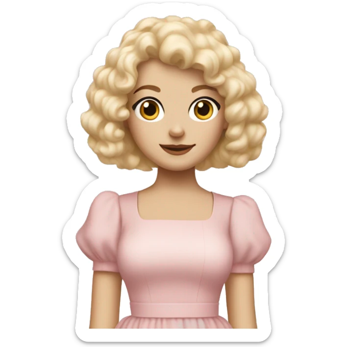pale girl with bangs and long blonde curly hair and a pastel pink puff sleeve dress sticker