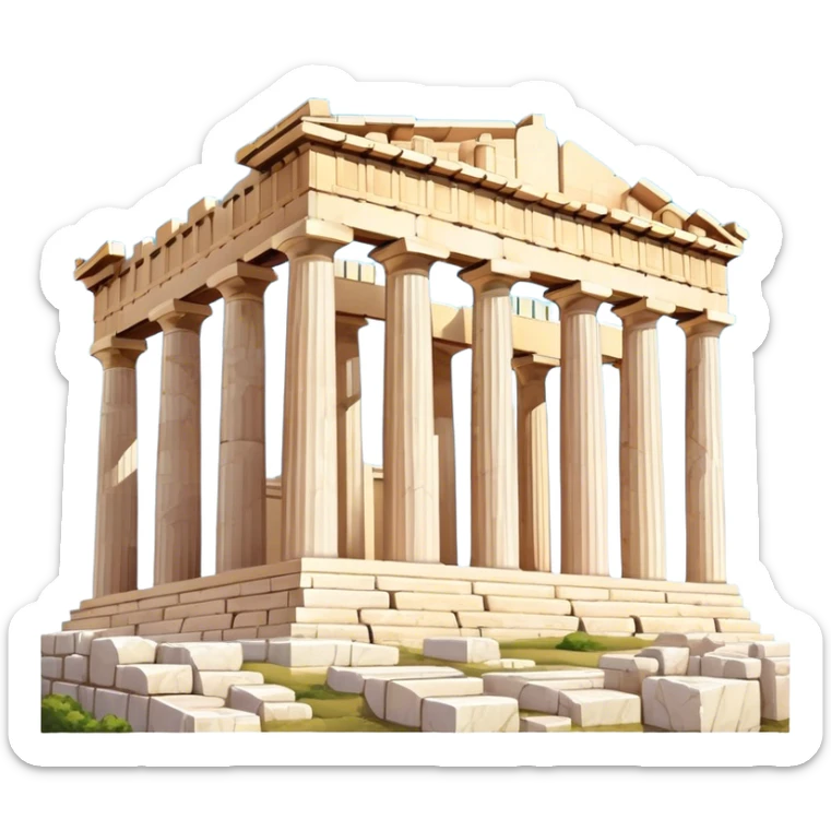 Cinematic Realistic Acropolis Landmark Emoji, showing the Parthenon standing proudly atop the Acropolis hill, with its marble columns glowing under the warm Athenian sunlight against a blue sky. sticker