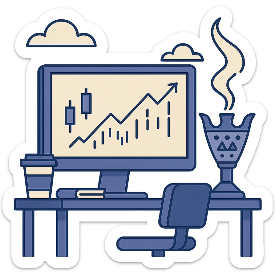 trading desk with oud incense burner next to the monitor, flat modern style, Middle Eastern trading theme sticker