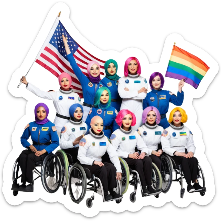 Generate an emoji that radiates peak DEI energy. I’m talking 7+ skin tones minimum, pronoun pins visible from space, rainbow hair, wheelchair users doing parkour, hijabi astronauts, drag queen professors, and a bald eagle draped in a progress flag. Everyone’s holding a clipboard that says ‘equity audit.’ The background is a corporate Zoom call, and someone is mid-‘land acknowledgment.’ Style: hyper-saturated, pseudo-corporate, vaguely HR-coded, and completely unreadable at 18px. It should confuse conservatives and HR managers alike sticker