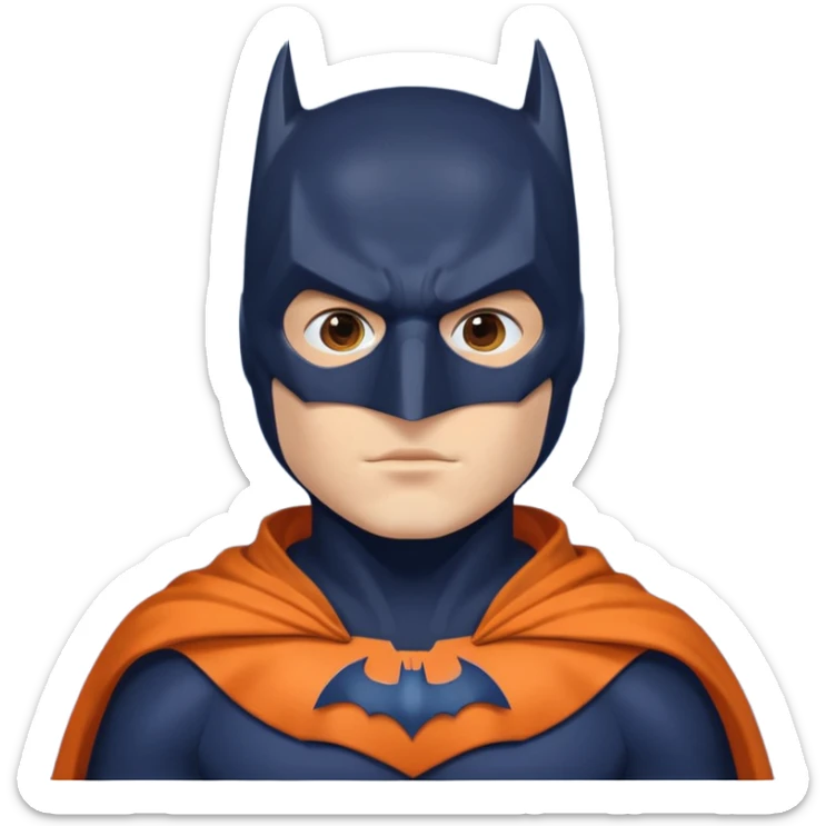 generate a batman emoji with just the face and neck showing and part of the cloak and and wings. Shade the mask in dark navy blue. Shade the chest in a bright medium olive green. Shade the cloak in a solid vibrant orange sticker