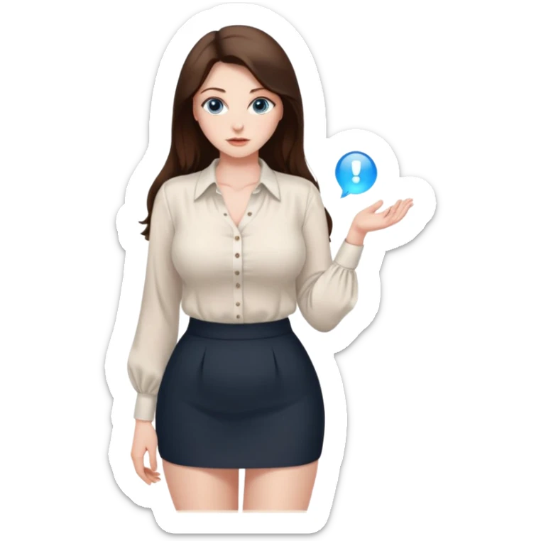 sexy woman brunette, very large breasts, pale skin, blue eyes, long brown hair, white blouse, short black skirt. office.  sticker
