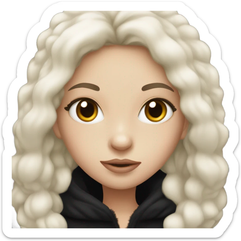 White skinned girl has a long dark hair wearing a black puff coat that has a black fur hood sticker