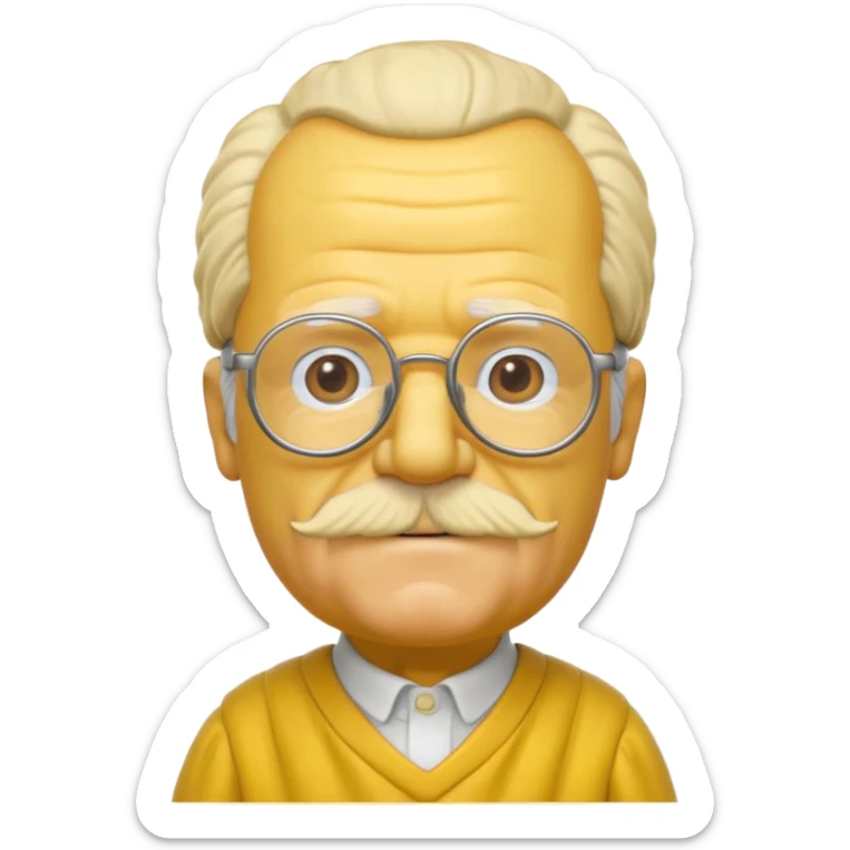 A 3D cartoon close-up of Grandpa Abe Simpson from The Simpsons, rendered in Memoji-style with bald yellow head, white tufts of hair on the sides, wrinkled face, glasses, and warm lighting. Match the Simpsons family color tone and style, yellow dress. sticker