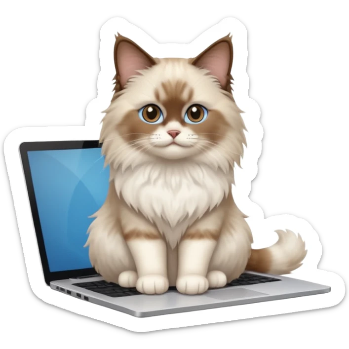 Cute ragdoll cat on a laptop. Should sit on top of the laptop, cat is way bigger than the laptop. Could walk on the laptop or sit. I liked the first one but remove the blue on the cat sticker