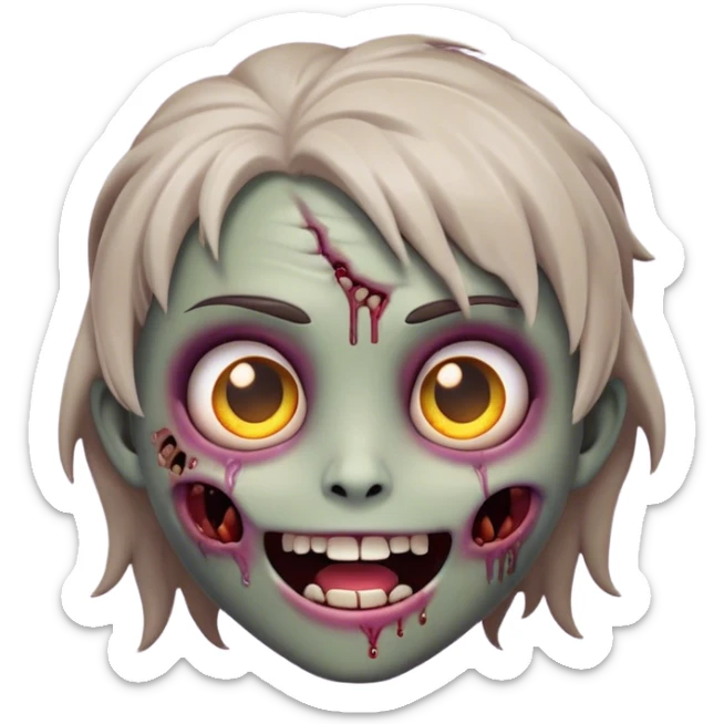 Cinematic Cute Zombie Portrait Emoji, with a delightfully quirky, slightly disheveled face in muted ashen hues, featuring quirky bright eyes and a playful, stitched-together smile, simplified yet irresistibly charming, highly detailed with a soft glowing outline that captures the adorable, offbeat spirit of a zombie who’s more cute than creepy! sticker
