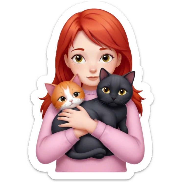 
a girl with red hair in pastel clothes hugs a black British cat sticker