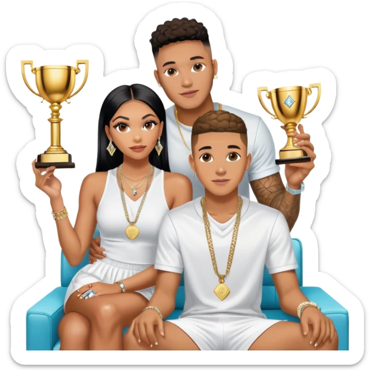 Internet celebrity Josh King Madrid jetset wearing shiny diamond earrings and sparkly iced out diamond tennis necklace chains with Instagram model girl tefi valenzuela sitting with him holding gold internet celebrity trophy on tv show in Miami sticker