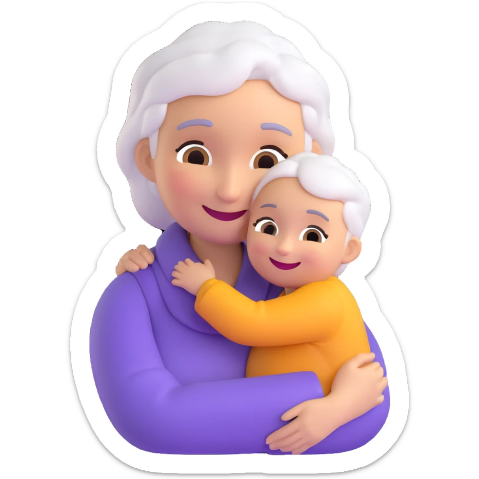 3D smiley emoji, round shape, grandmother hugging a grandchild, purple color, smiling face sticker