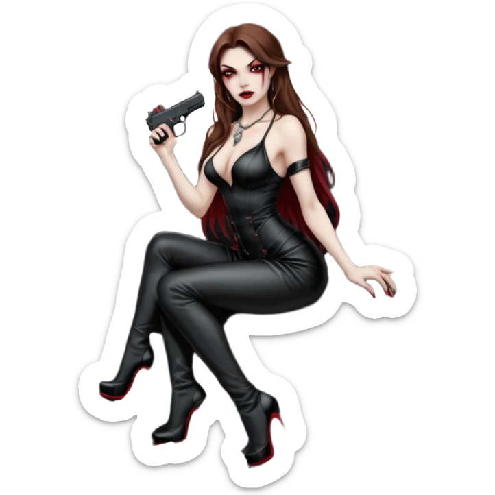 Lilith red eye seductress evil long brown haired sexy succubus woman with leather long seductive dress on, sitting in Big Large F350 pickup truck. Wearing super tall black platform high heels, Back seat full of stacks of cash, she is  Holding a human skull of her enemies and a gun in other hand sticker