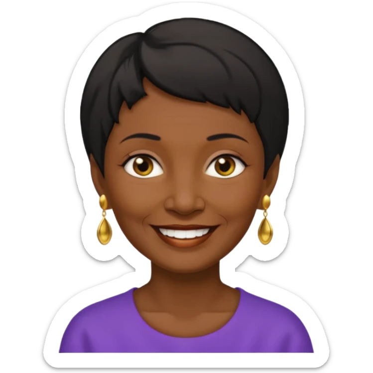 old woman with black short hair and gold earring and black skin sticker