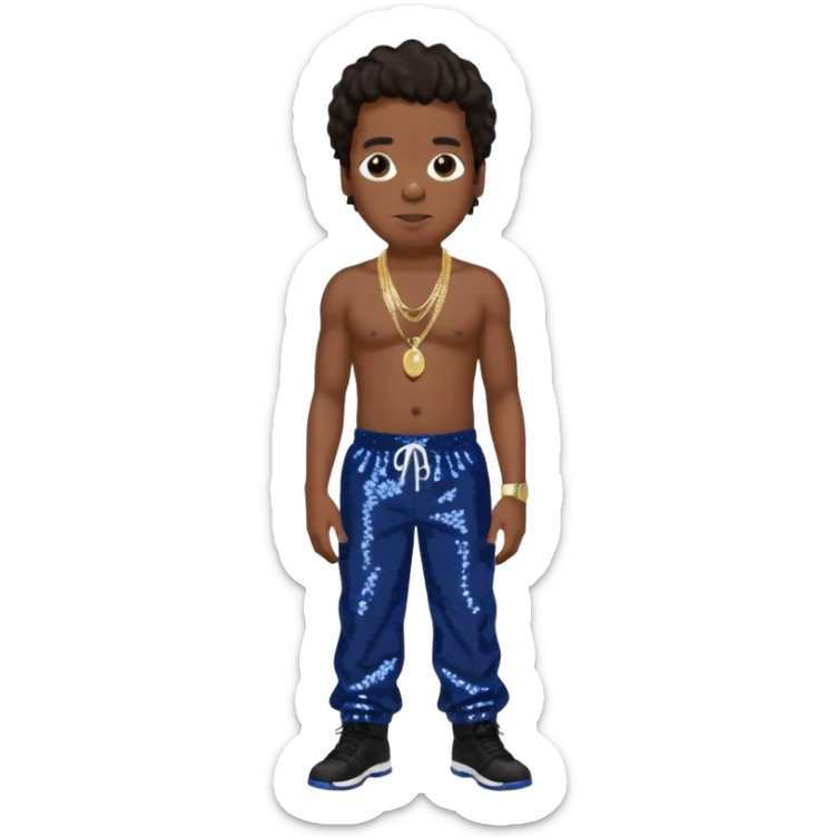 Jay-Z with dark brown hair, dark blue sequin baggy pants, shirtless with necklace  sticker