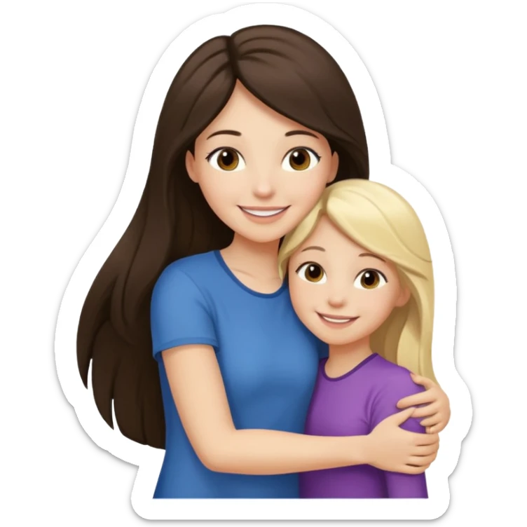 A beautiful mother with long dark brown hair hugging her cute 12yr old blonde hair daughter super happy sticker