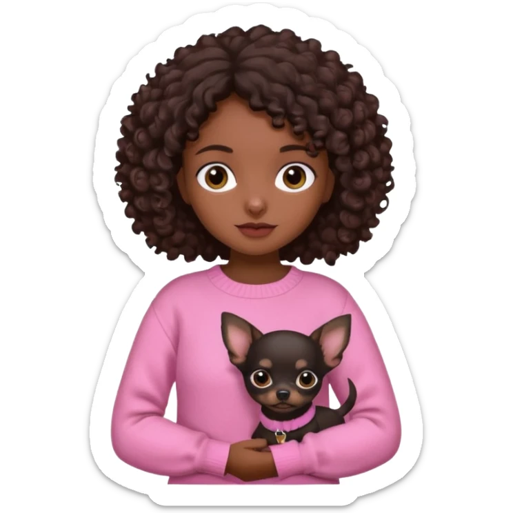 Girl with dark brown curly hair and brown eyes in a pink sweater holding a black chihuahua sticker