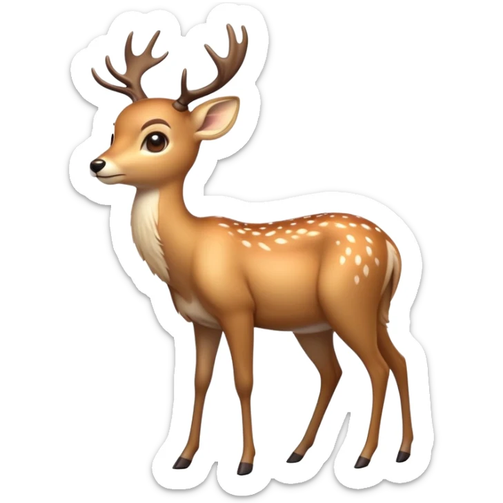 cinematic-[deer]-realistic-full-body-standing on all fours-emoji,-tail-tucked-close,-head-tilted-dramatically,-sleek-[fawn]-fur,-simplified-yet-realistic-focused-features,-highly-detailed,-glowing-with-an-almost-sarcastic-glow sticker