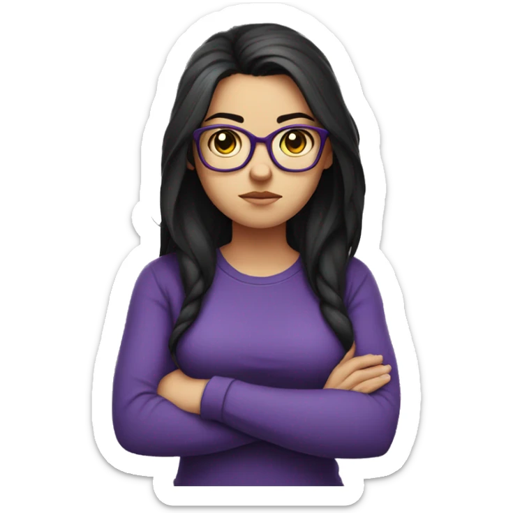 angry scowling white girl, purple t-shirt, long black hair, wearing glasses, with arms crossed over chest. sticker