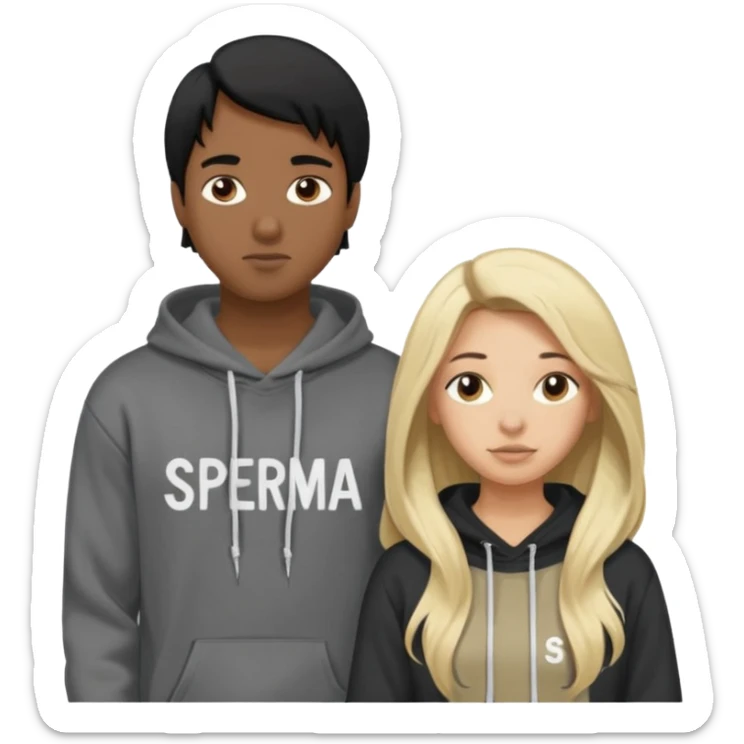 I want it to be this emote 🙍‍♂️
of a guy with black hair and a black sweatshirt with the word "sperma" written in white in the middle. Behind him, there's a pretty blonde with long hair, pulling the string on the first person's hoodie. The girl is wearing a gray sweatshirt. sticker