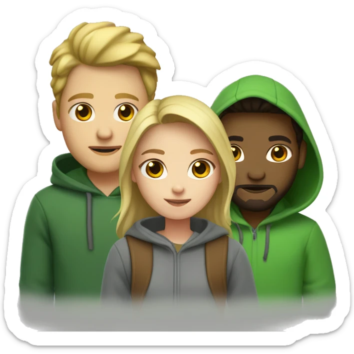two girls and one guy. one of the girls is a blonde in a green sweater, the other has brown hair and wear gray hoodie, in the middle is a guy with dark hair and a beard sticker