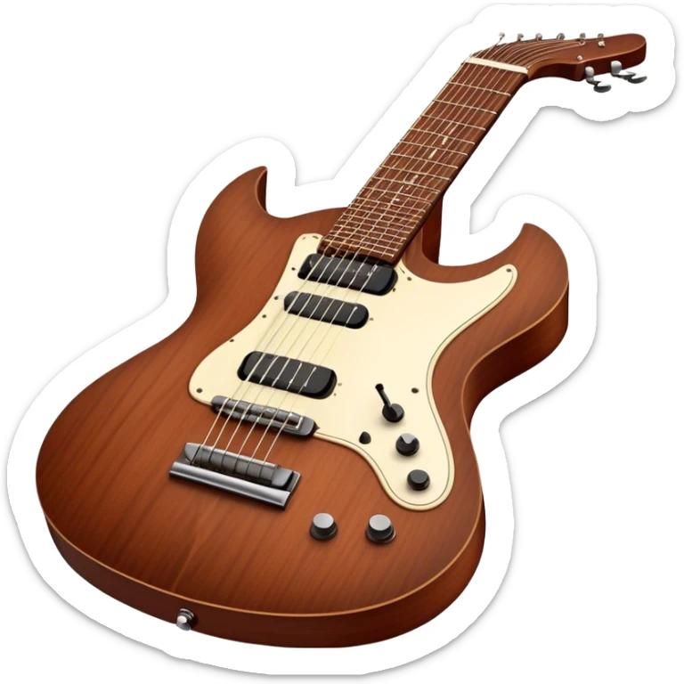 Cinematic Realistic Guitar, smooth mahogany body with deep wood grain, metal strings catching soft reflections, intricate tuning pegs gleaming subtly, warm light accentuating the contours, glowing with the warmth of music and craftsmanship. sticker