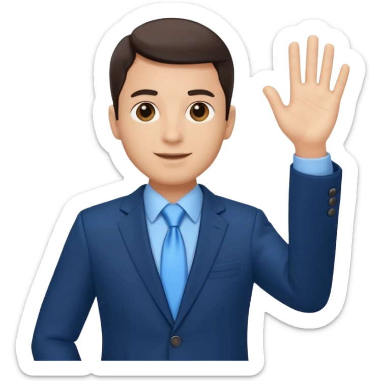 Make emoji of me in a dark blue business suit and light blue shirt waiving to new clients sticker