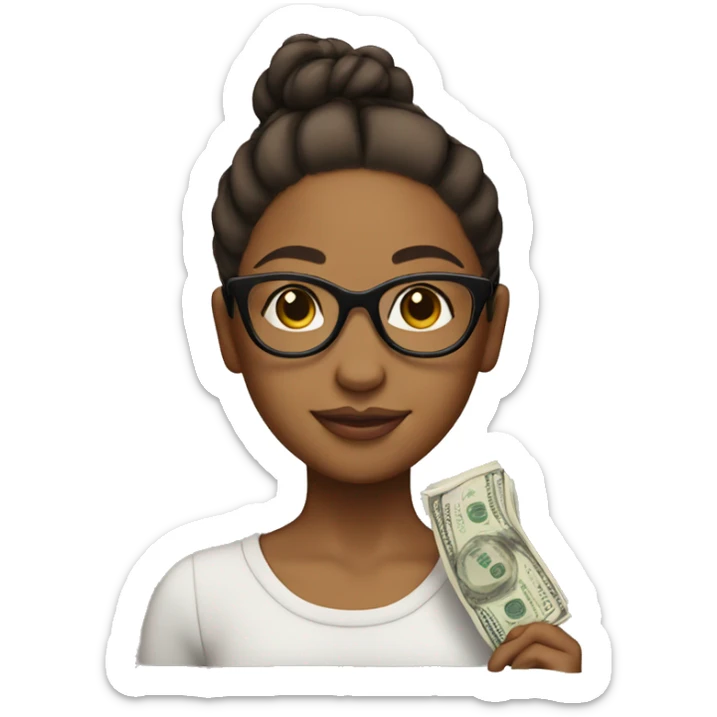 Brown girl holding money with glasses on and her hair in a bun sticker