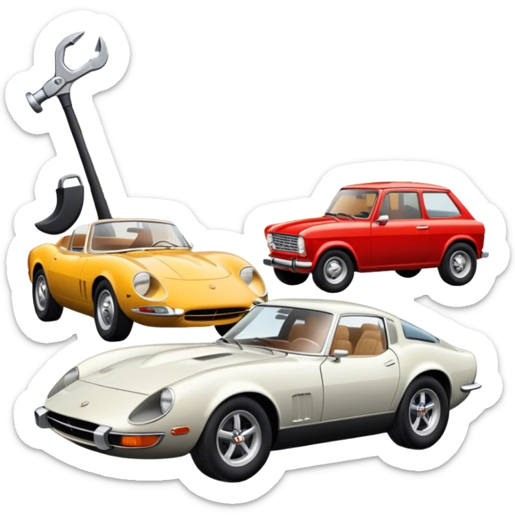 Collage emoji symbolizing a passion for cars: a sleek sports car, a vintage classic car, and an off-road SUV. The background features a cozy garage with tools, car posters, and warm lighting, emphasizing a home hobby atmosphere. Transparent background. sticker