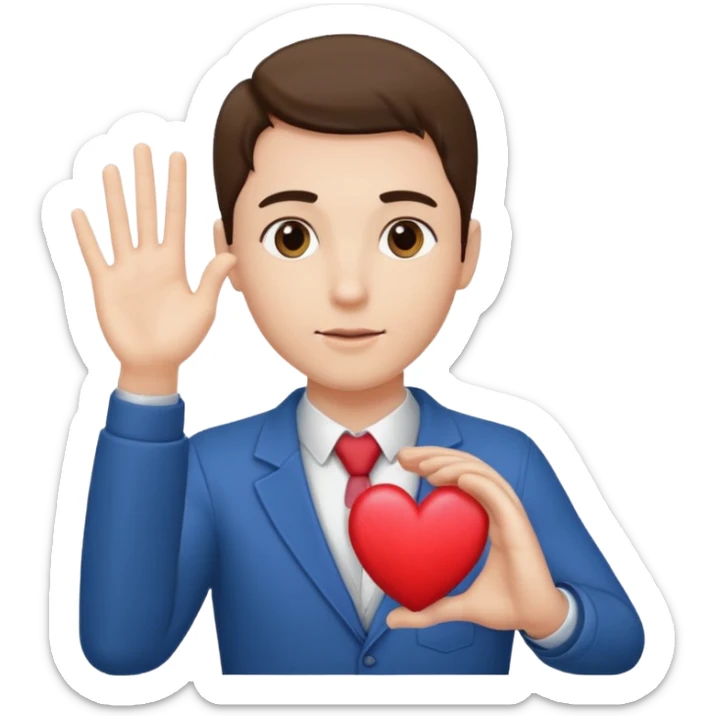 A man raising his hand, with a heart the size of his chest in front of him. The heart is the same color as the woman’s skin, and her head is positioned to hide the tip of the heart. sticker