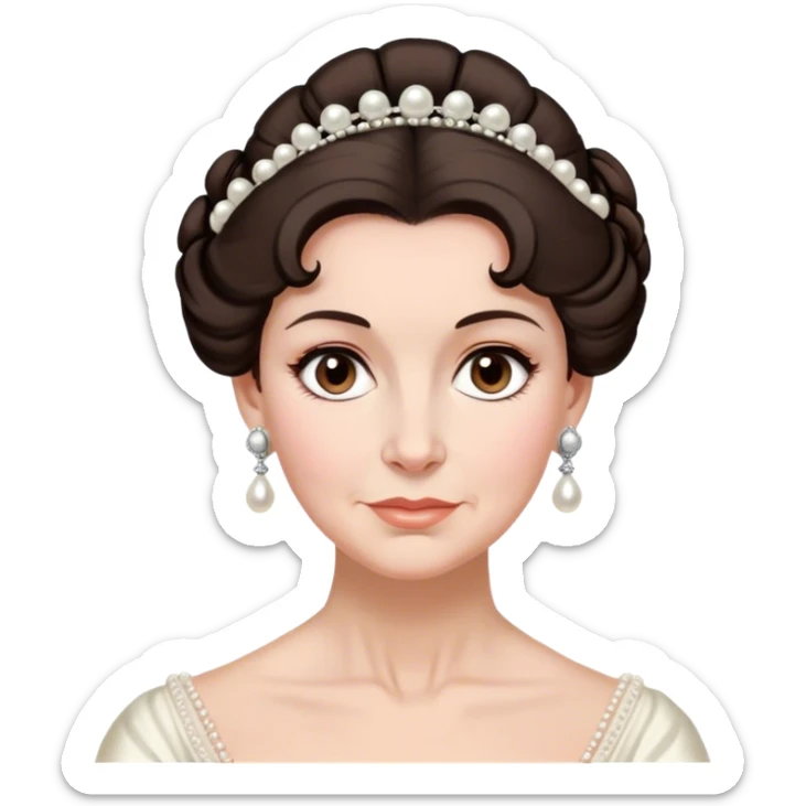 middle-old age lady with dark brown hair, styled in an elegant Regency-era updo, Soft brown eyes, kind but firm gaze, Wears delicate pearl earrings, sticker