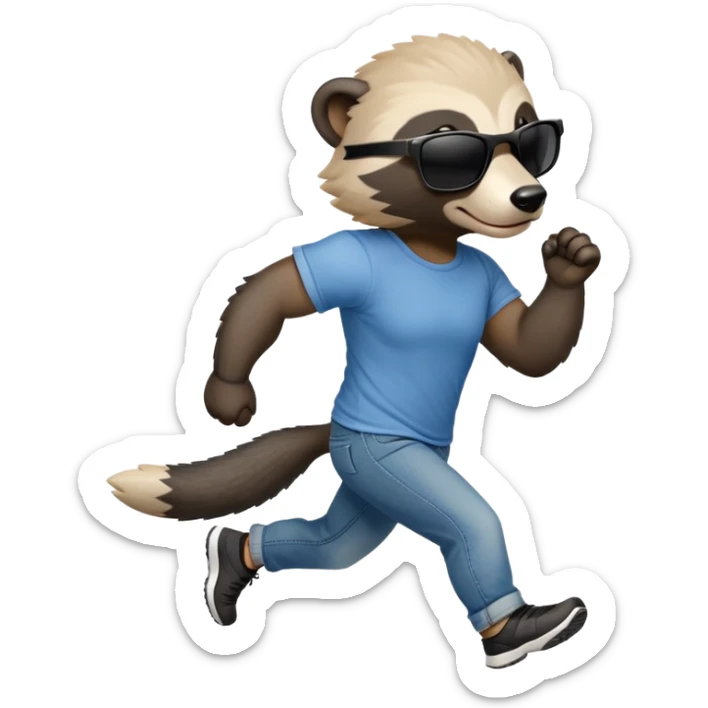 friendly anthropomorphised honey badger in jeans and a t-shirt, wearing sunglasses, jogging upright, relaxed pose sticker