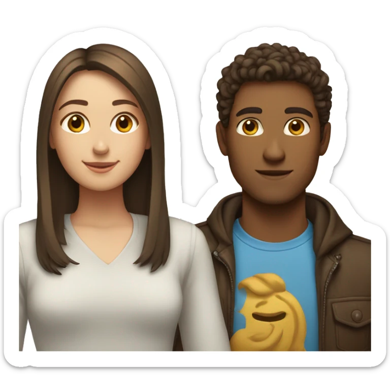 Girl with long straight brown hair next to guy guy with short curly brown hair sticker