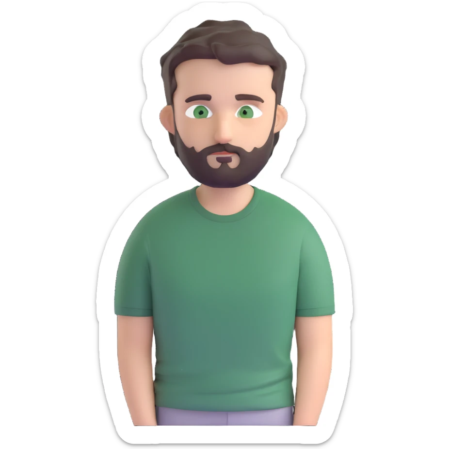 white man with dark messy short hair, dark green eyes, gray t-shirt, and short beard sticker