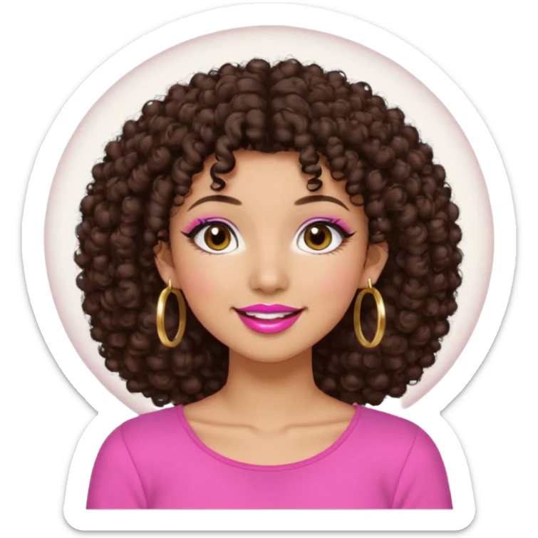 Naturally tan skin girl short darkBrown curly afropink shirt very long lashes hoop gold earrings Brown eyes gyaru smiling closed mouth cute non perfect circular a sticker