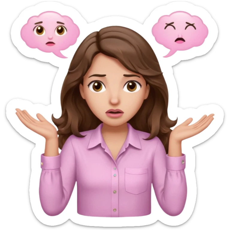 girl with wavy long brown hair, brown eyes, light to medium complexion, long lashes, light pink lipstick, wearing light pink shirt, shrugging with both hands, confused sticker