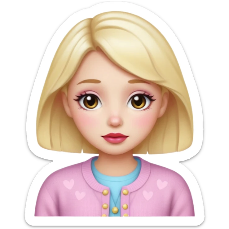 “Emoji girl, dewy skin, flushed blush across cheeks and nose, glossy cherry lips, soft puppy eyeliner, slightly teary sparkling eyes, wearing pastel cardigan.” sticker