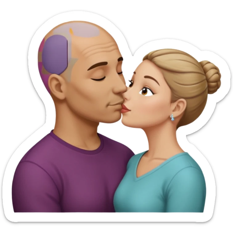 Mid aged Hispanic bald man kissing mid aged dark blonde white woman. She’s wearing a bun. sticker