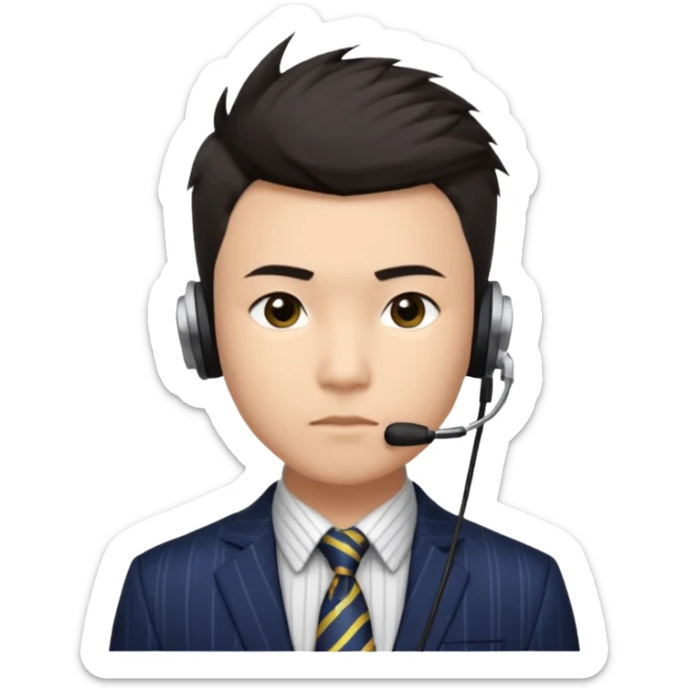 A young Asian man with light skin, short dark hair styled upward with a spiked swoop in front, a clean-shaven face, focused eyes, and a slim headset over one ear, wearing a dark pinstripe suit with a patterned dress shirt and a bright solid-colored tie visible from the chest up. sticker