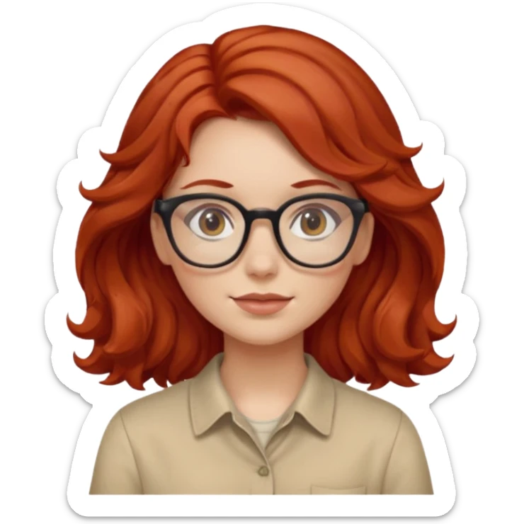 girl wear glasses, wavy red hair, beige shirt\ sticker