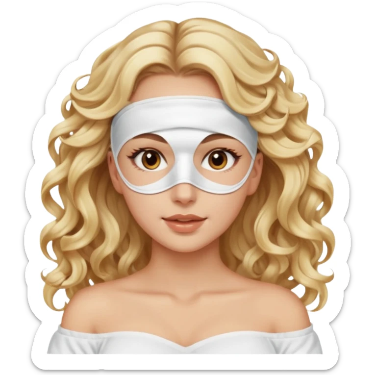 White girl- brown eyes - beauty face mask massage -full care- blonde long curly hair  white off shoulder shirt sticker