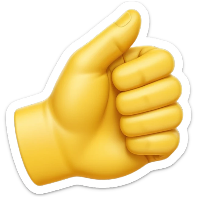 A 3D Apple-style yellow hand emoji, closed fist with thumb pointing backward over the shoulder direction, smooth rounded shape, shiny surface, clean minimal background. AND MOTİON LİNE sticker