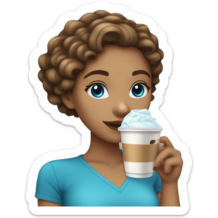 Light skin girl with brown wavy hair and blue eyes drinking ice latte  sticker